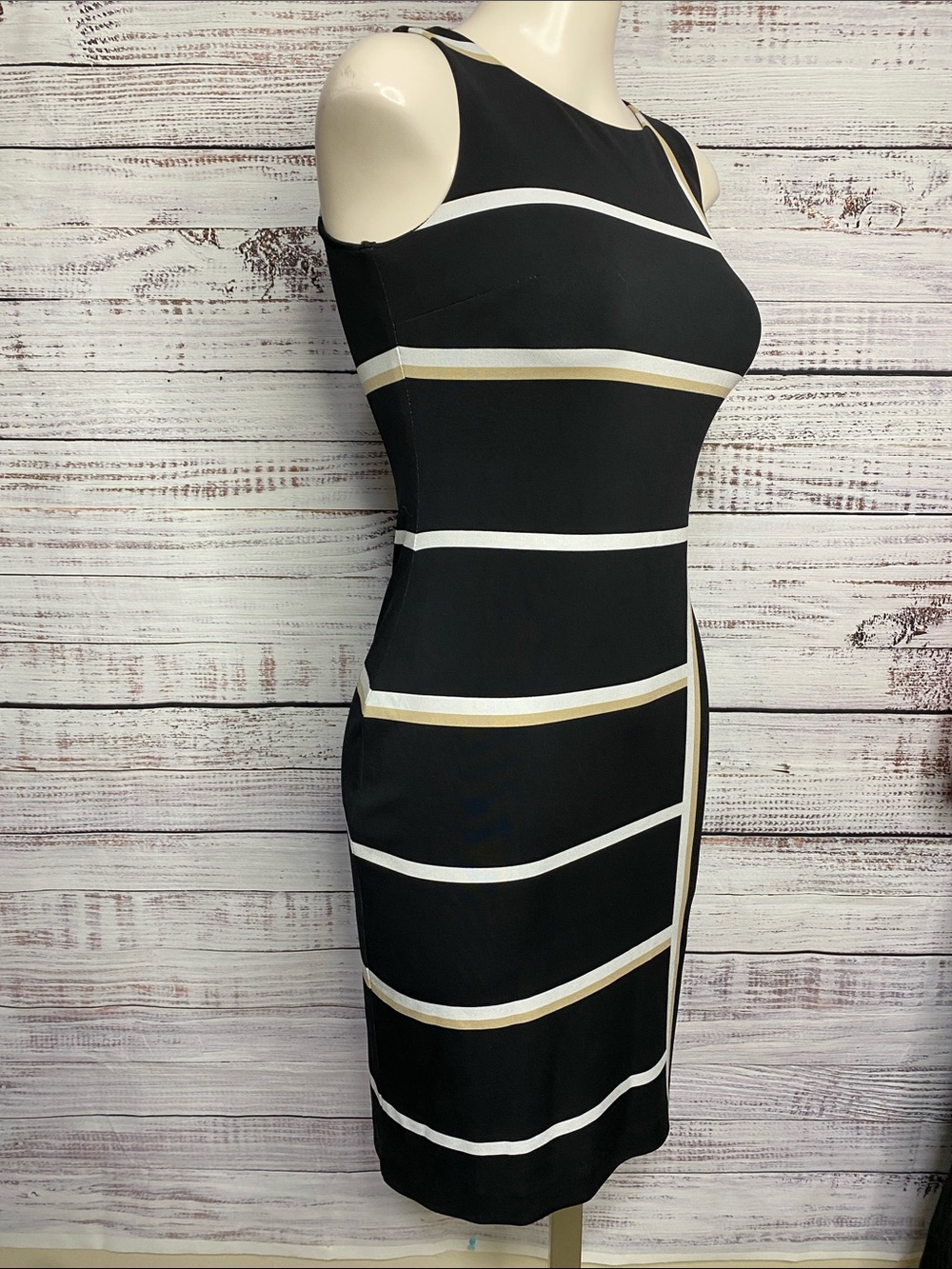 Joseph Ribkoff Black Midi Dress with White and tan Stripes - Picture 3 of 6
